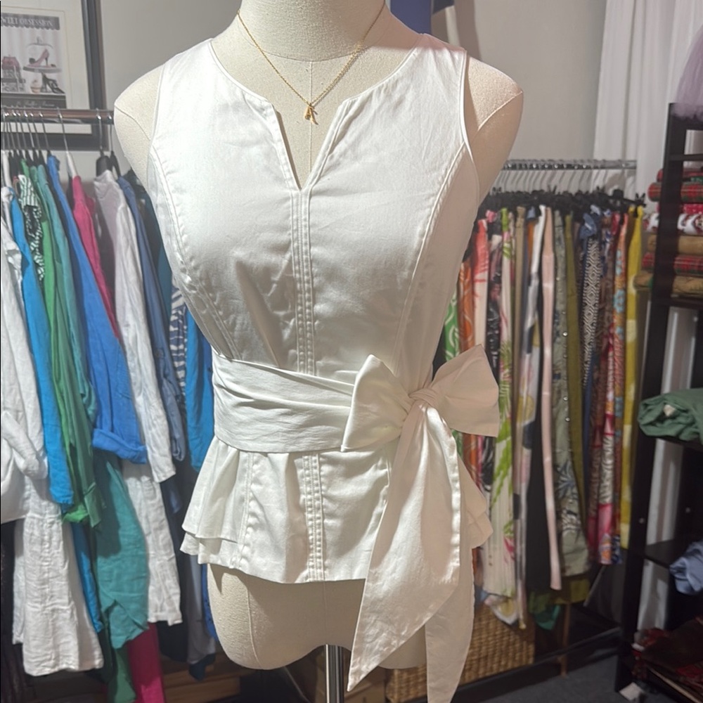 White Peplum Blouse with Tie Front and Mandarin Collar